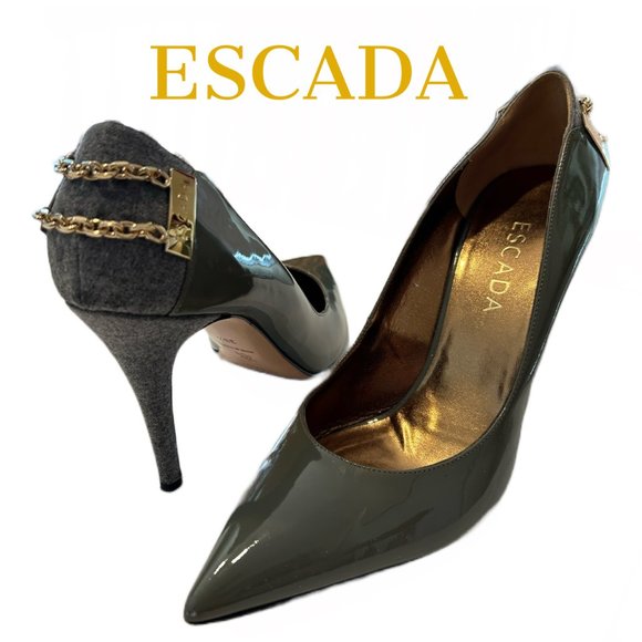 Elegant ESCADA 38.5 EU (8.5) Green Patent Leather and Grey Heels - Picture 4 of 10